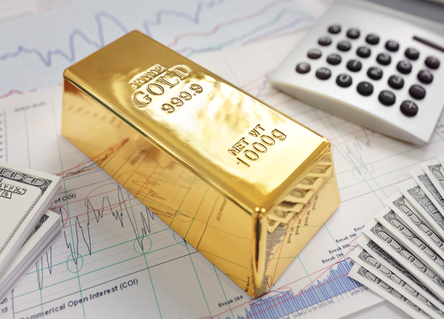 gold bullion bar on a stocks and shares chart 2023
